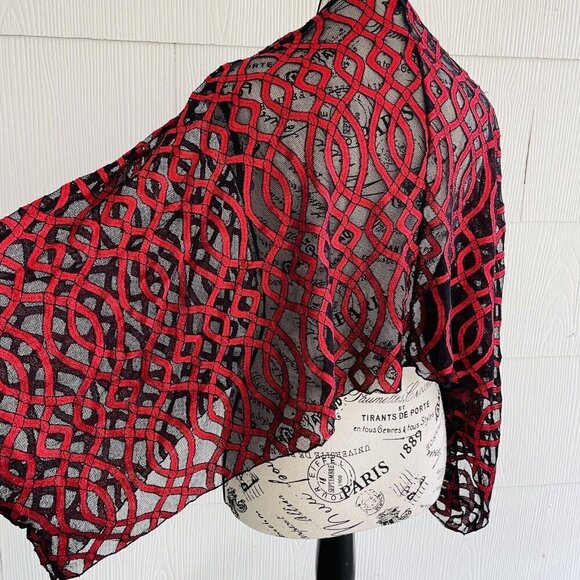 Boho Red & Black Sheer Knit Tunic Shawl Cover Sleeved - Womens Size Small (J6) - Picture 4 of 10